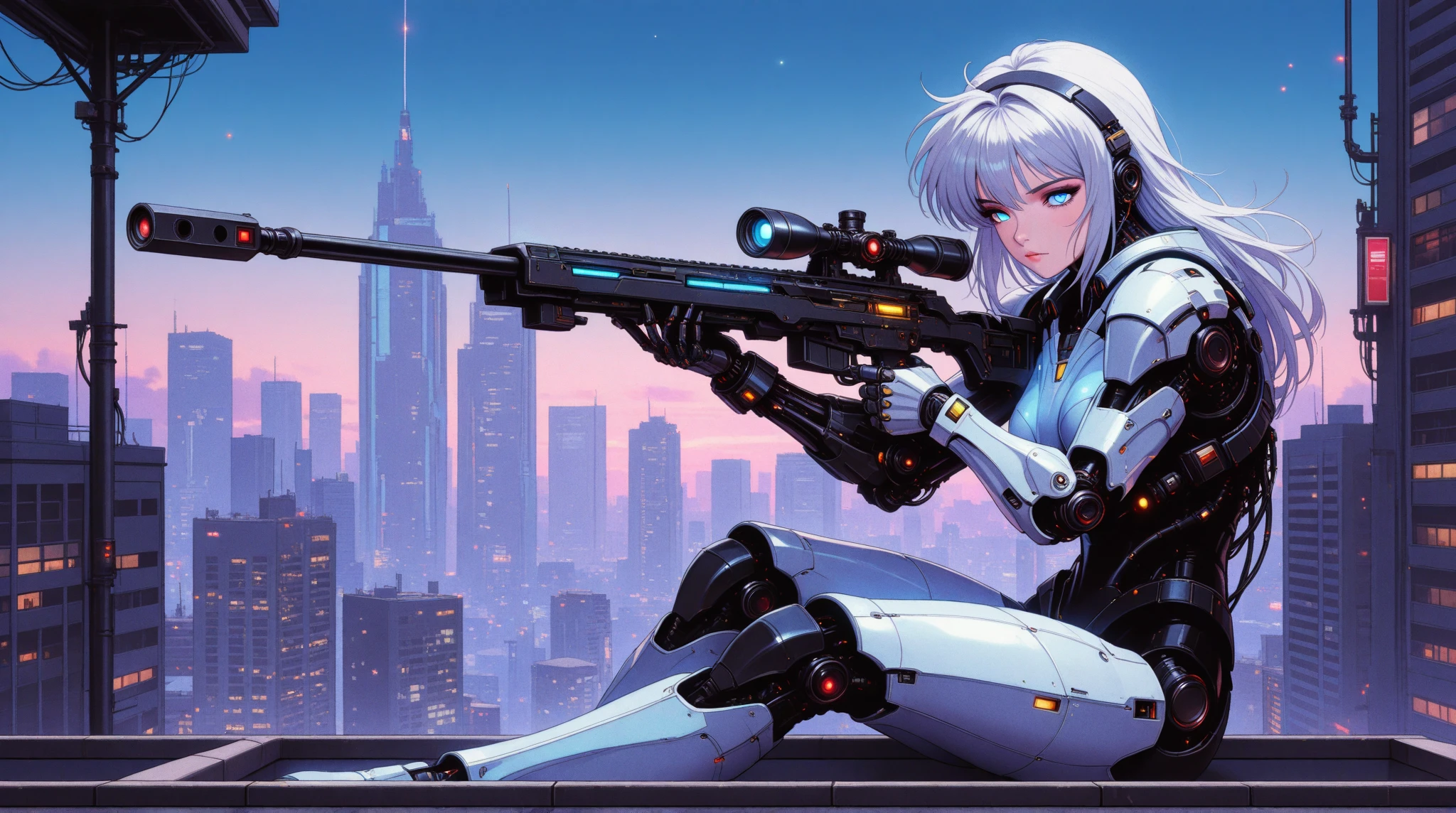 1girl, long silver hair, glowing blue eyes, robotic arm, sniper rifle, cybernetic hunter, perched on a rooftop, city skyline below, glowing data interface on scope, neon-lit sky, stealth pose, futuristic assassin, intricate gun details masterpiece, best quality, amazing quality, very aesthetic, absurdres, detailed eyes, newest, pinkretrocybercore, retro,
