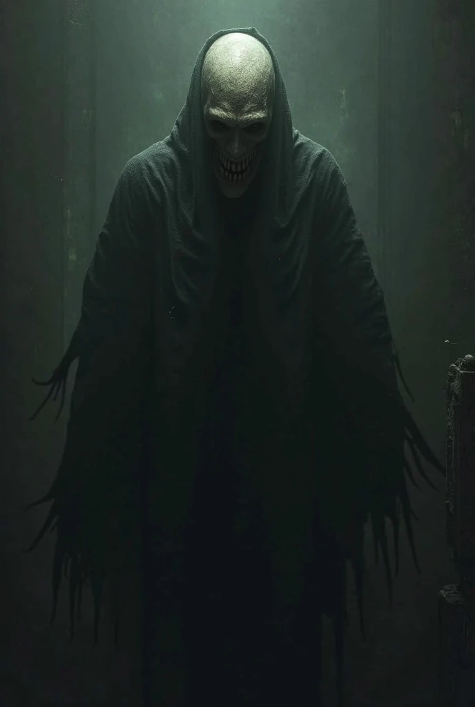 Its upper body is sticking out of the shadow, its right arm is submerged in the shadow, its sharp-fingered left arm is extended forward, and its eyeless mouth, lined with sharp teeth, is wide open.