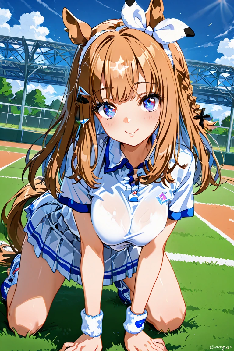 (masterpiece, highest quality), 1 girl, (ALGL:1), (ALGLzion, zion:1), (zion hair:1), (zion eyes:1), chest, medium chest, large chest, ,jumping, cowboy shot, from below, looking at the viewer, blue cheerleader, underboob, 1girl , stadium, sunlight, embarrassed, sweat, Holding a pom-pom, arms up, panty shot , white panties, cameltoe