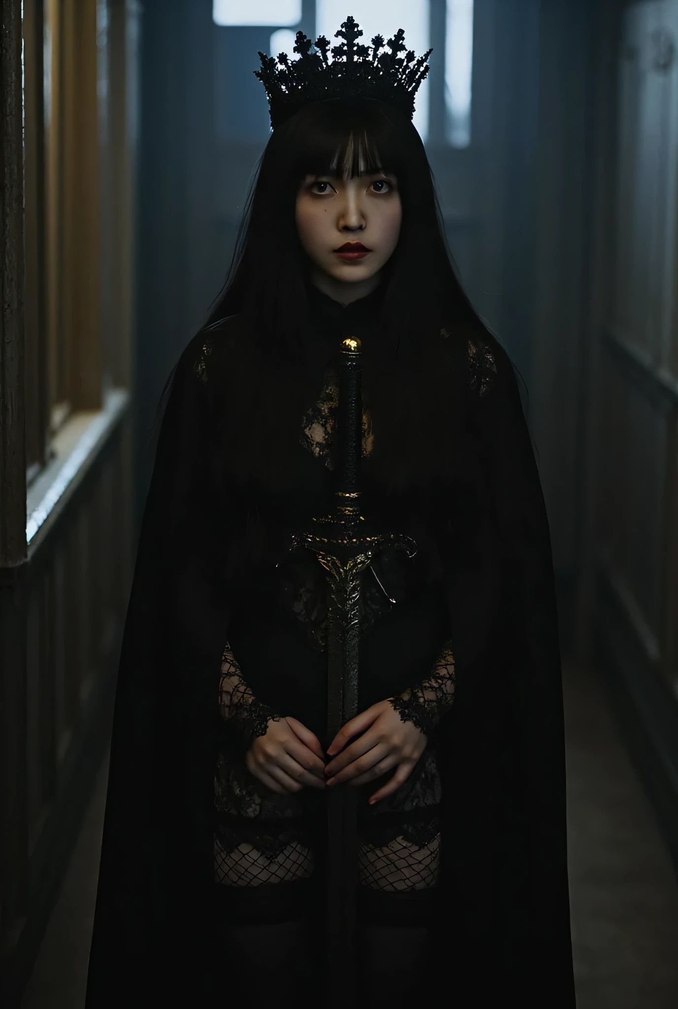 (((Black Room in the Dark Castle:2.0))),((A dark room with no lights at all:2.0)),(((Dark horror atmosphere with a gothic feel:2.0))),(((A long embroidered cloak with an open front on a:2.0))), standing,((black high heels:2.0)),One female ghost,(( super cute face:2.0)),(Beautiful well-balanced face :2.0),((long hair with bangs:2.0)),(black hair:1.5),(beautiful eyes:1.5),A glamorous shot of a 20-year-old Japanese woman, Slender Beautiful Body ,((model figure:2.0)),((slim body:1.7)),perfect body line,Ideal Proportions,((big breasts:2.0)),((スリーサイズ90-58-86:2.0)),((G cup breasts:2.0)), popup,((((Underboob:2.0)))),Bare thighs,fleshy thighs due to weight,delicate body,(Glutinous Flesh:1.7),harmonious posture,((Realistic breast depiction :1.7)),carefully depicting limbs based on perfect anatomy,((super high-leg leotard in the style of the king of darkness with a copper sword:2.0)),((super high-leg leotard made of fitted lace with a shiny copper sword:2.0)),((Hi-leg leotard with a large shiny copper sword:2.0)),(Black lipstick:2.0),((Wear a black lace short veil over your head:2.0)),((((Coarse mesh fishnet stockings:2.0)))),(((Jet Black Crown:2.0))),concept art,(best quality:2.0),(masterpiece:2.0),((超high resolution:2.0)),high resolution,UHD,(Delicate Description), carefully drawn with butterfly wings ,32k,((realistic skin texture:1.5)),(((ultra-realistic:1.5))),carefully draw eyelashes,highly detailed face,Highly detailed female hand, Sexy appearance ,very sensual,(Blurry Dim Backgrounds :1.5),professional photo shoot,(movie light:2.0),((Rembrandt-style lights:2.0)