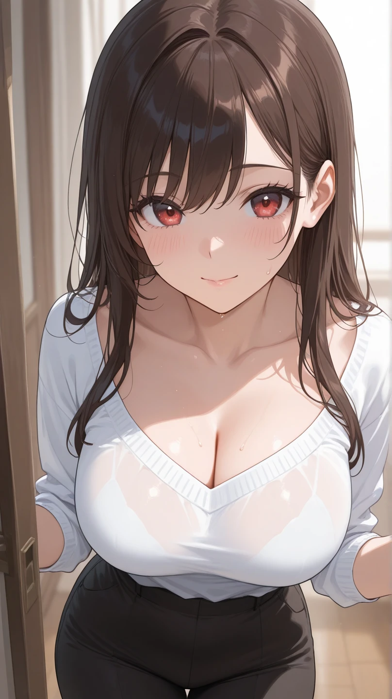 アニメ,One woman, 23 years old,bed_Sheet, blush, chest, chestの谷間, clavicle, Cover, Cover_chest, Red eyes,Slender figure, 形の良い大きなchest, belly button, Light Brown Hair, Medium Hair, Sitting, alone,Crop T-shirt,White panties,Dynamic Angle,Simple background