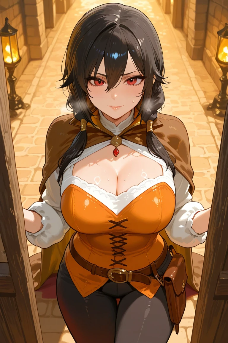 Yunyun from Konosuba、Huge breasts、Saggy breasts、Fire magic comes out of the wand、Magic goes out of control and attacks Subaru of Re:Zero、Yunyun looks flustered