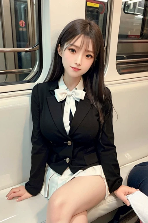 bright expression、photorealisim、top-quality、超A high resolution、a picture、Photos of the most beautiful Nordic girls、Detailed cute and beautiful face、a small face、(pureerosface_v1:0.008)、Beautiful bangs、alice in the wonderland、sixteen years old、(thighs thighs thighs thighs:1.2)、full body Esbian、profetional lighting、Detailed skin、hime_cut、Hair tangled in the face、Bangs that extend to the face、bangss、Hair between the eyes、length hair、Silky hair of attractive black color、finer hair、 clear light blue eyes、(Shy laughter:0.6)、(School uniform, Navy Blazer:1.2)、(Plaid pleated skirt:1.2)、natural make up、Riding a train、Double eyelids、medium breasts、Dynamic Pose
