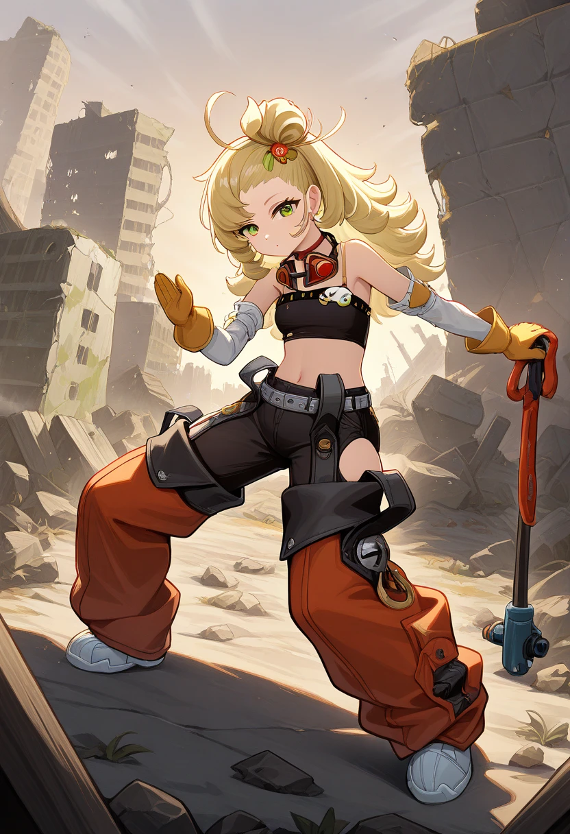 (masterpiece, best quality, anime style, videogame, megaman style),1girl, solo, black,bodysuit, yellow eyes, blond hair, short hair, happy, , smile, black and yellow beret, black and yellow gloves, white top, yellow bloomers, jacket tied at the waist, black and yellow boots., city in ruins behind colorful.