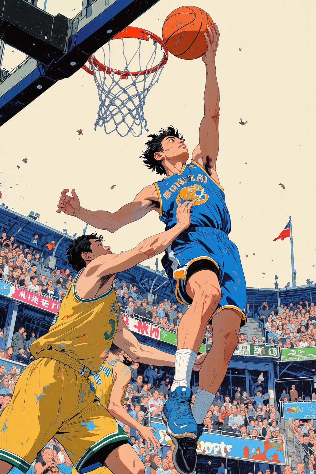 ((best quality))、(super high image quality)、(Super Detail)、(detailed description)、(Best CG ))、(masterpiece)、ArsMJStyle、(Zen ink wash painting)、slam dunk_Mitsui Hisashi、Mitsui Hisashi's 3P shot、(SPARK exciting three-point shot、angle from directly below)、when you give up the game ends there、realistic expression、age up 、 cowboy show 