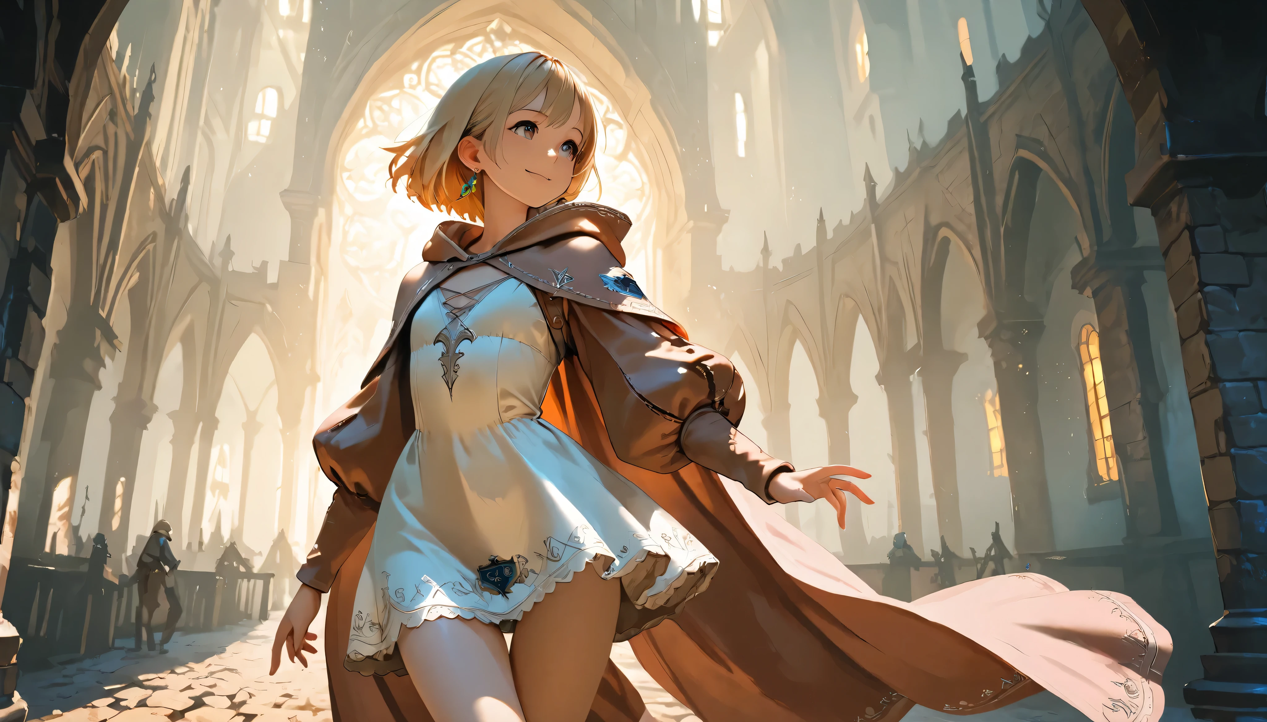 masterpiece, 8k, fantasy world, female character, 1girl, a girl, girl, high detailed puffy sleeve white one-piece dress, slender body, flat chests,  legs, thigh gap, leather boots, Pink brown silk long cape with hoodie attached little bear emblem, blond short hair, Kind face, Cute smile, tareme, (one side blue earring), cinematic lighting, dramatic atmosphere, intricate details, vivid colors, fantasy landscape, medieval town, in big castle, digital art, dynamic posing, looking at away, midday, cowboy shot, from side,