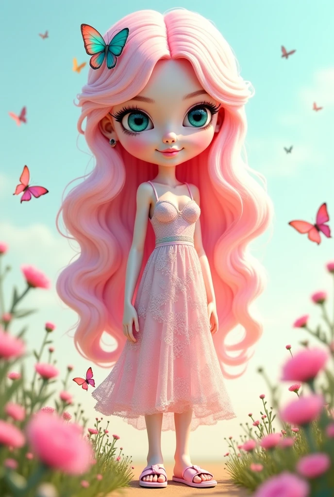  small girl with pink bubblegum hair, two black horns and a wide black dress