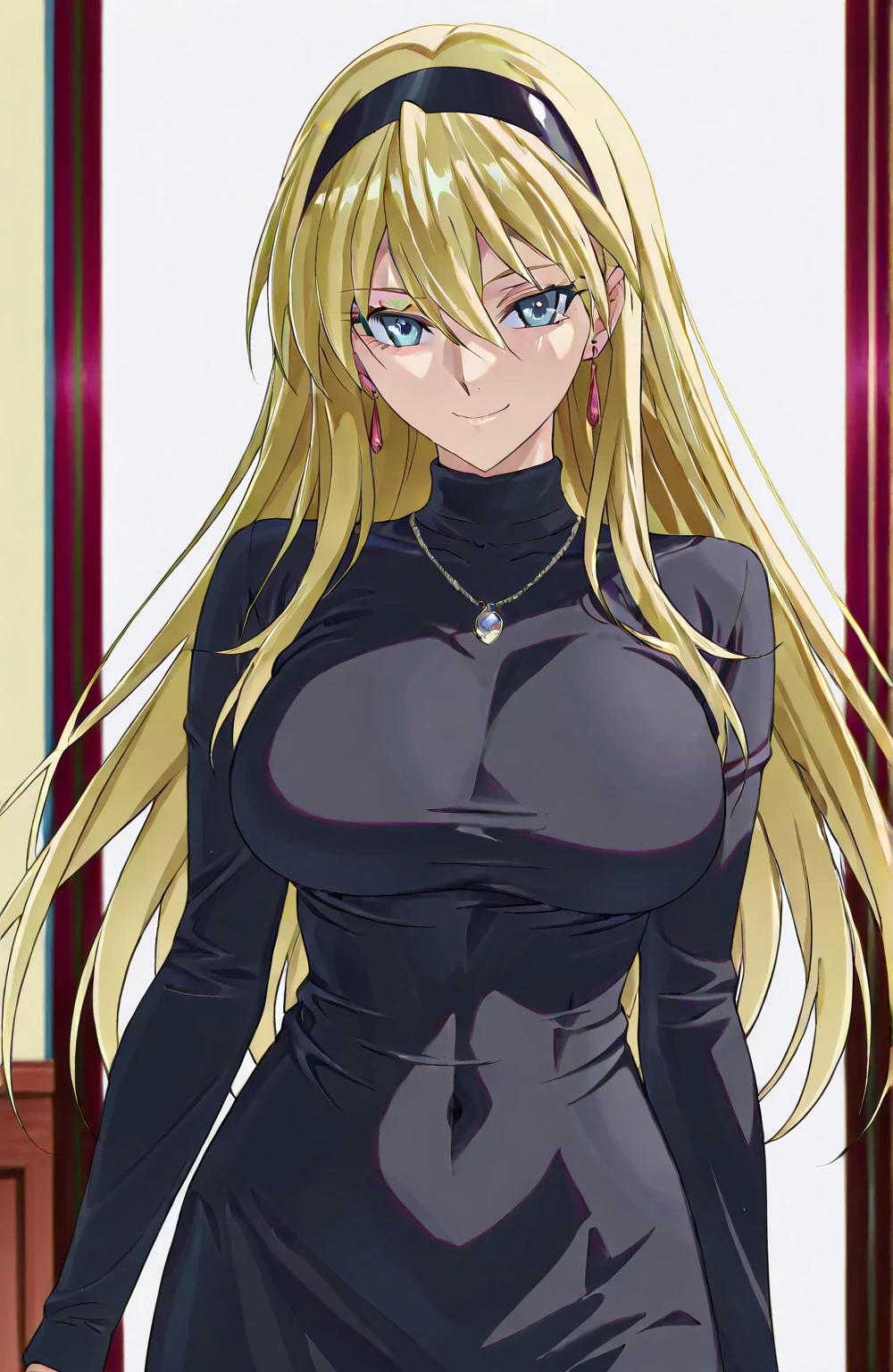 score 9 、score 8 up、score 7 up、source anime、masterpiece、best quality、high resolution、anime coloring、1woman、katya、cool beauty、anime woman wearing black sweater dress with long hair、solo、Beautiful anime portrait、beautiful anime girl、anime girl、BEAUTIFUL ANIME WOMAN、Big Breasts、women with very large breasts、long sleeve、(blonde hair:1.5)、wide hair between eyes、eyelash、long hair、List、jewelry necklace、jewelry earrings、black hairband、black sweater dressを着たアニメの女性、Anime Woman Portrait、 classy atmosphere、 elegant atmosphere、costume:black sweater dress、 female anime character 、Cool anime women、Very tall woman、basic sweater dress、sweater dress with an black、toned body、sweater dress sleeve with an long sleeve、cool smile、 Bigger Chest and Butt 、Anime Female Portrait 、detailed Anime Female Portrait 、Anime female portrait、Anime Woman Portrait、The King&#39;s Hymn as a Princess、looking at viewer、cowboy shot、female focus、indoor、