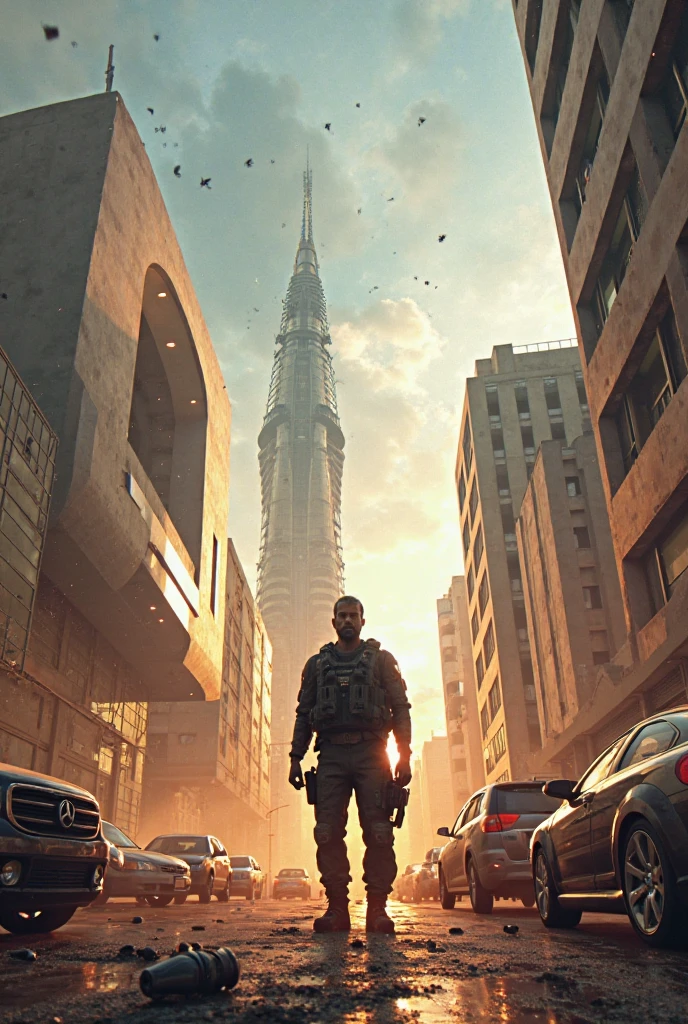 In a run-down city that has experienced war,A soldier wearing the 6B45 body armor of the Russian army looks at the towering skyscraper,Next to him was a scrapped tank,dense smoke
