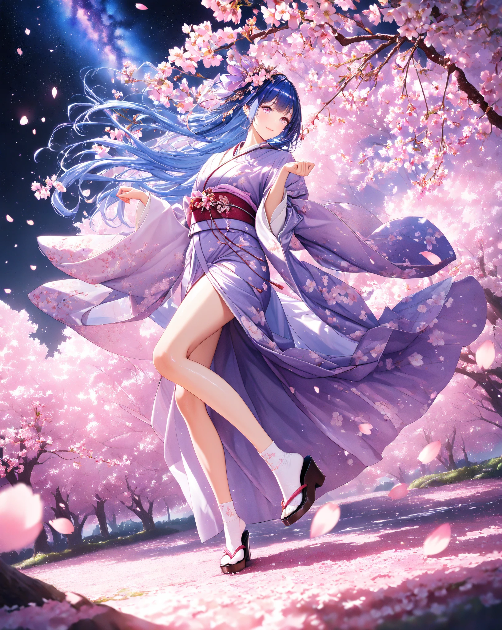quality:masterpiece,best quality,ultra-detailed,32k,detailed background,
theme:BREAK,(A 20-year-old woman in a breathtakingly elegant kimono that shines in the blue light of the lights):1.3,perfect proportions,detailed skin texture,deep yet somewhat sad smile,Breathtakingly detailed facial features,vivid eyes that feel like being sucked in, delicate and moisturized lips ,
Each finger is rendered in detail,(Shiny blue hair):1.1,Smooth texture like silk,Flowing in the wind,Natural shadows and highlights,Natural and graceful hand pose,Hands based on realistic human anatomy,transparent fingertips that make you feel like you're being sucked in,Clearly defined joints,Detailed expression of the fingers,
Smooth and curvaceous body lines,Translucent and moisturized skin,Graceful knee lines,Natural and beautiful leg lines,
Delicate body contours,Natural wrinkles and shadows in the clothes,Shiny fabric texture,Beautiful, smooth draping,(Poses looking up at cherry blossoms):1.3,
costume:BREAK,(Light purple kimono with long flowing sleeves):1.3,(kimono with smooth drapes made of shiny silk):1.2,Realistic Fabric, intricate details,detailed folds,Pastel Pink Obi,Crimson Belt,Cherry Blossom Patterned Sack Belt,Adorable sandals with intricate patterns decorated with gold thread and silver thread,beautiful floral hair ornament,Are you wearing sakura-patterned socks,
Style:BREAK,photorealistic,3D rendering,cinematic lighting,volumetric lighting,ray tracing,depth of field,cinematic shot,pastel,translucent,
background:BREAK,(The weeping cherry blossoms in full bloom at night are illuminated in the foreground):1.3, (Weeping cherry blossoms in full bloom at night are illuminated in front of the Milky Way where countless stars shine in the back):1.4,,(backgroundに広がる漆黒の夜空と煌めく星々):1.4,,(and weeping cherry blossoms in full bloom are illuminated):1.3,(cherry blossom petals dance):1.3,( cherry blossom petals scattered on the ground ):1.2,(Sparkling stars spreading in the night sky々):1.4,(The dark night sky spreads as far as the eye can see):1.3,volumetric lighting,幻想的なbackground,