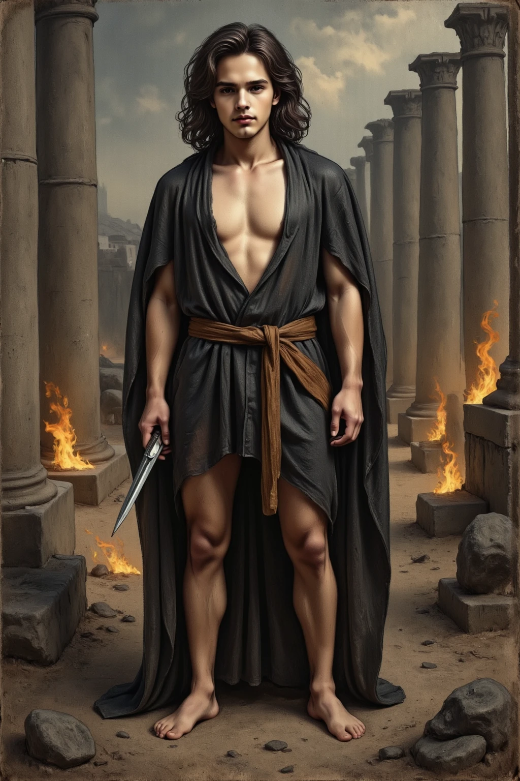 A former evil sorcerer, half-naked young man with long black hair, repentant and ashamed, is ready to take punishment from his king.