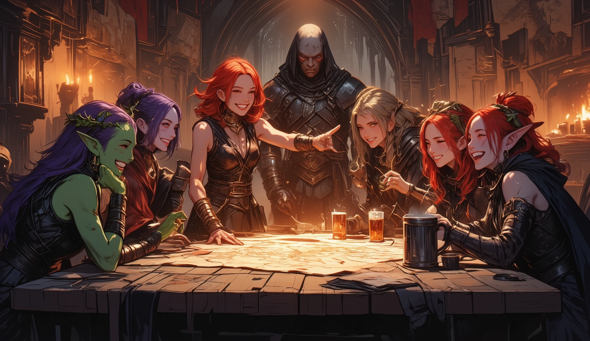 Fantasy tavern with warm, saturated light of candles and fireplace. A motley group of adventurers has gathered around a massive wooden table, laughing and enjoying the evening. In the center is a charismatic woman with a leather vest and fire in her eyes pointing at a map, her gestures are energetic and confident. Next to her is a joyful elf with a green skin, in a wreath of leaves, resting her head on her hand and grinning. On the other side sits a half-orc in a dark red cloak, holding a mug of ale and with a wide grin on her face. There are two more behind them: a mysterious woman with long purple hair, cheerfully spreading her arms, and an elf with bright red hair in a stylish waistcoat, gracefully holding a cup of tea.

In the background is a tall figure in leather armor holding a book, thoughtfully watching the fun. A ginger cat sits on her shoulder, tail wrapped around neck. The walls of the tavern are decorated with flags, antique maps and trophies, and the air is filled with smoke from candles and the aroma of hot drinks. The general atmosphere is filled with warmth, friendship and feeling, that these characters have experienced many adventures together.