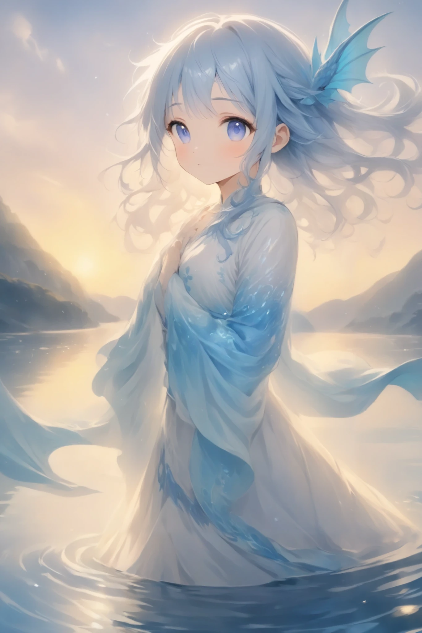 (masterpiece:1.2),high quality of wavy lines、 beautiful details 、best quality、1people、solo、lake、 the surface of the water reflects 、tsurime、Descendants of dragons、dragon clan、大peopleの女性、light blue and white gradation、cute