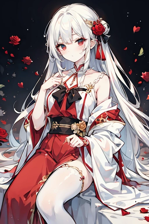 (top-quality、hight resolution、8k、masterpiece:1.2)。Curvaceous but slender、Muchimuchi Body、The whole area is filled with Red Spider Lily、Red spider lily in bloom、A woman sits in the middle of a red spider lily in full bloom。With a mysterious look、Kimono and double teeth are characteristic.。Wearing a kimono splattered with blood、I'm holding some kind of murder weapon in my hand.。The crazy expression and the gap between her and the Red Spider Lily further enhance her beauty。Half-taken kimono、accessorized、mole、Eyebrows、double tooth、canine teeth、poneyTail、Muscular nose、Clear detailed green eyes、red blush、a choker、Fleshy lips、Physical beauty、well-muscled、Mysterious fashion、Anime style、animesque、unreal、Fashion based on red and white、Backgrounds with depth、The background is 10,000 Red Spider Lilies spread all over the area、a necklace、Bracelets、Misanga、arm band、Light and Wall Co-star、A small black cat clinging to his shoulder、Original face、(dark themed:1.3)、Dark Fantasy、Distant angle、portlate