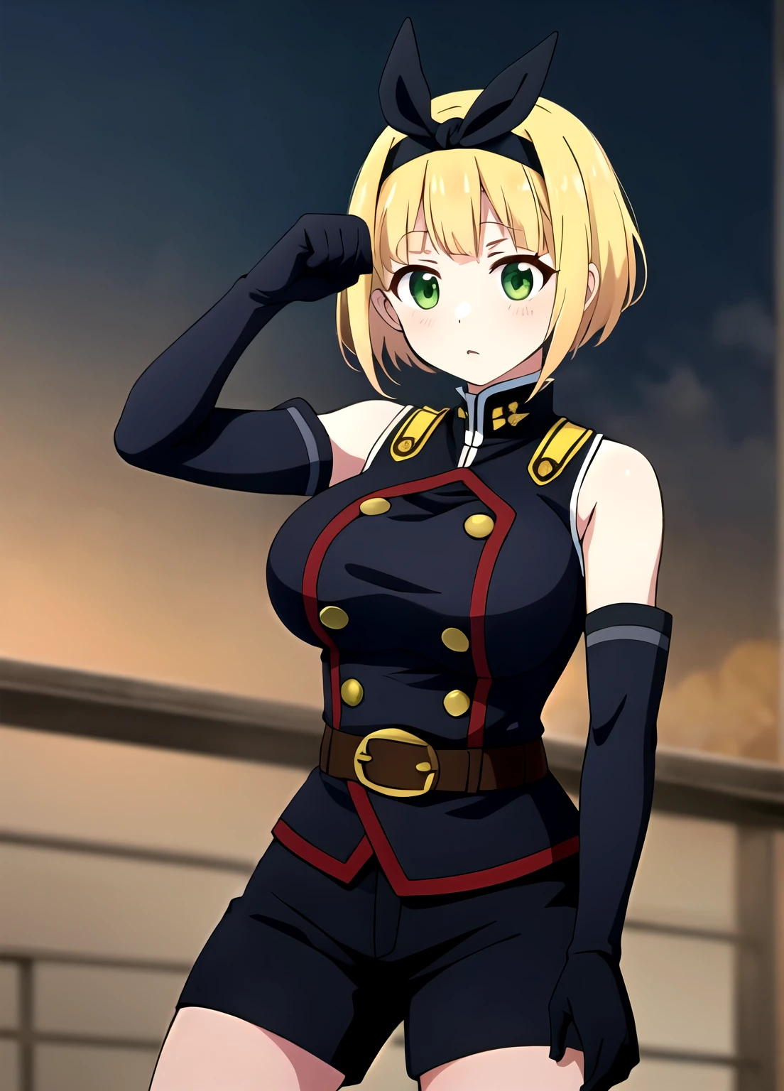 masterpiece, BEST QUALITY, outdoor, definitely , black sky background, uniform, gloves, elbow gloves, belt, black gloves, shorts, black shorts, shushu suruga , 1 girl, yellow hair, green eyes, watching viewers, short hair, big breasts, headband, bungs, definitely