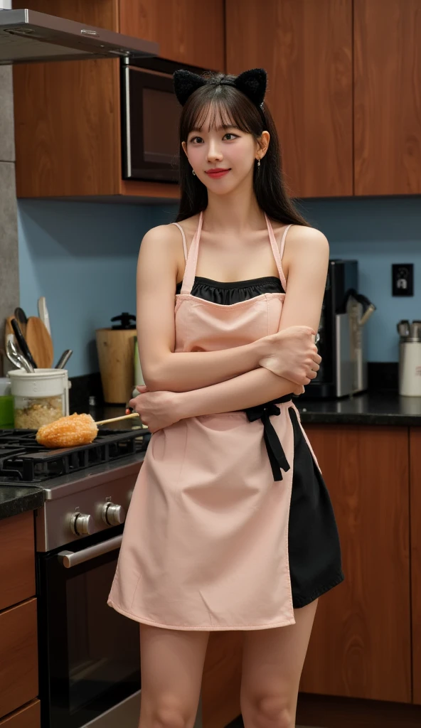 Product quality, One girl, Full Body Shot, Front view, Young and pretty girl in Japan, Shoulder-length hair, She was wearing only a pink silk satin apron with white frills around her naked body.、With a big smile, Cooking in a luxurious kitchen, Attractive person, Wet Hair, Wet body, Big Breasts, Super cute face, Glossy Lips, Double eyelids on both eyes, Natural Makeup, Long eyelashes, Shiny and smooth light brown hair, Asymmetrical bangs, Fair skin, Center image, High resolution, Attention to detail, Detailed hairstyle, Detailed face, Cinema Lighting, Octane Rendering, Vibrant, Ultra-realistic, Perfect limbs, Perfect Anatomy