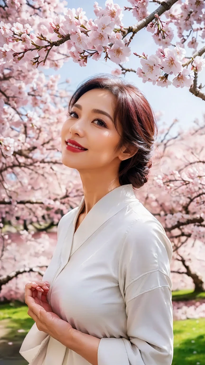 ((highest quality)), ((8K)), ((masterpiece: 1.3)), (perfect appearance), (photorealism: 1.6), (AY), (Mature woman looking up at the cherry blossom tree), perfect anatomy, ((Age 65)), (I'm looking up at the cherry blossoms blooming on the trees), ((white blouse)), ((lipstick, eyeshadow, eyeliner)), ((gentle smile)), (Upper body of a mature woman), (River edge lined with cherry blossom trees),