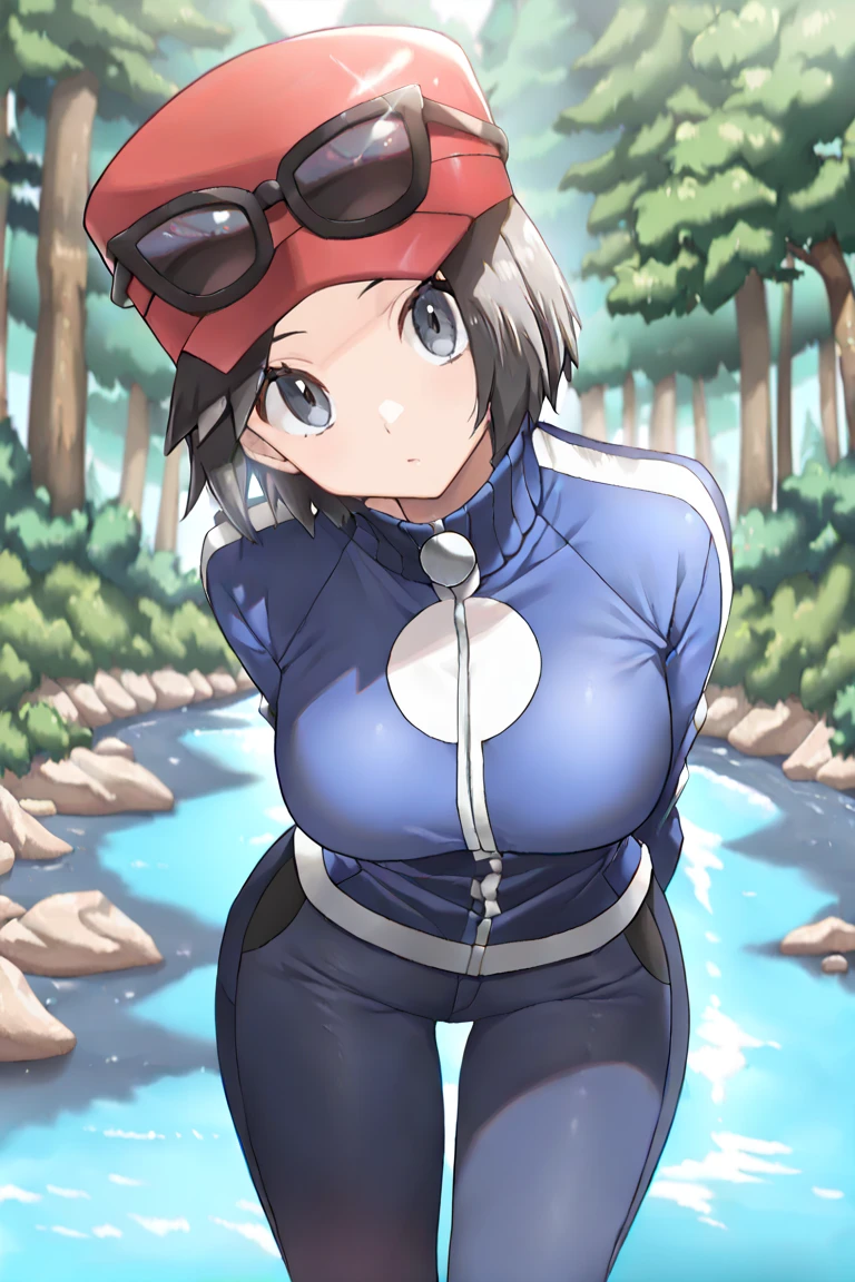 masterpiece , best quality , amazing quality , very aesthetic , absurdres , newest , scenery ,looking_at_viewer,(head_tilt:1.1),arms_behind_back,leaning_forward,(1girl:1.2),(genderswap_(mtf):1.1),Calem,calem_(pokemon),red_cap,sunglasses,sunglasses_on_head,black_hair,short_hair,grey_eyes,(large_breasts:1.2),blue_jacket,blue_zip-up_jacket,blue_zip-up_jacket_with_white_stripes_on_the_arms_and_a_white_circle,blue pants,forest,river,tree,masterpiece , best quality , amazing quality , very aesthetic , absurdres ,newest,scenery,