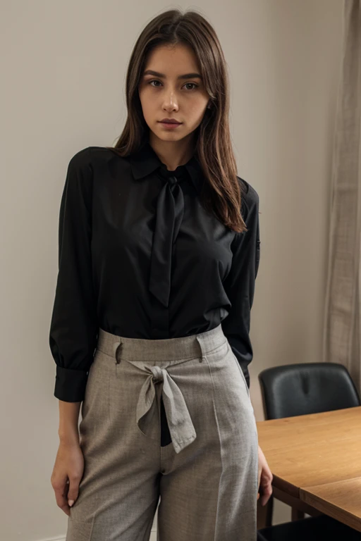 dramatic cinematic light ADDCOMM TestNoir ADDBASE modern and cozy office space,scandinavian style ADDCOL TI_Vermeer,portrait of a beautiful italian woman looking at viewer,wearing wearing relaxed shirt and trousers,detailed skin imperfections,natural light,