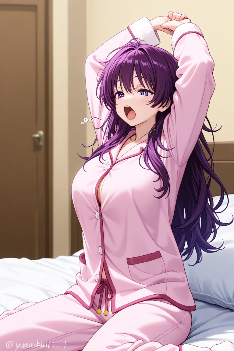 masterpiece, highest quality, High resolution, beautiful brilliant background, open the mouth, smile, face focus, masterpiece, very cutie girl's room, pink room, too many cosmetics, shiny hair, slim legs, fit, slim waist, pink closet, Changing clothes, lingerie, gigantic breasts, trying to put on pajamas, panty, bra, full-face blush,heart-shaped pupils, more_details:-1, more_details:0, more_details:0.5, more_details:1, more_details:1.5,hi1 purple hair purple eyes large breasts hair bow