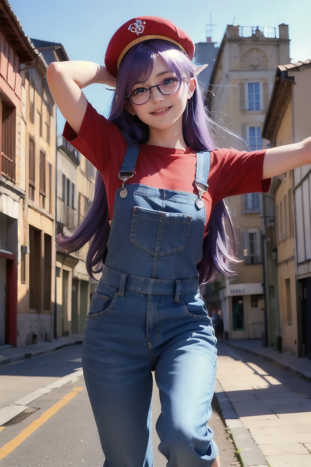 (1 lady), (Best quality at best:1.4), (ultra - detailed), (extremely detailed CG unified 16k), A Beautiful Woman with Perfect Figure: 1.4, Sharp Focus: 1.2, purple hair, very detailed, High-definition RAW color photo, professional photoshooting, amazing face and eyes, cosmetics, (amazingly beautiful girl), ((kotomi)), ((exact clothes: short blue jeans, navy blue shirt, glasses)), (looking cute, beautiful smile, joy), (City park, extremely detailed background, realistic background, first date vibes), (look from above, looking at viewer), realistic cinematic face, head to feet long wide zoomed out view, full body long view, photorealistic, ((realistic natural purple hair style, purple eyes)), gorgeous, extremely beautiful face, pretty face, delicate girl, skinny but in good shape, perfect model beauty, pout mouth, Highly Detailed Face and Skin Texture, Detailed Eyes, Double Eyelids, Medium size breasts, shy but motivated expression, (masterpiece), best quality, high resolution, extremely detailed, cinematic lighting, amazing legs, clear and well-cared skin, (milky pale skin, white skin like milk)
