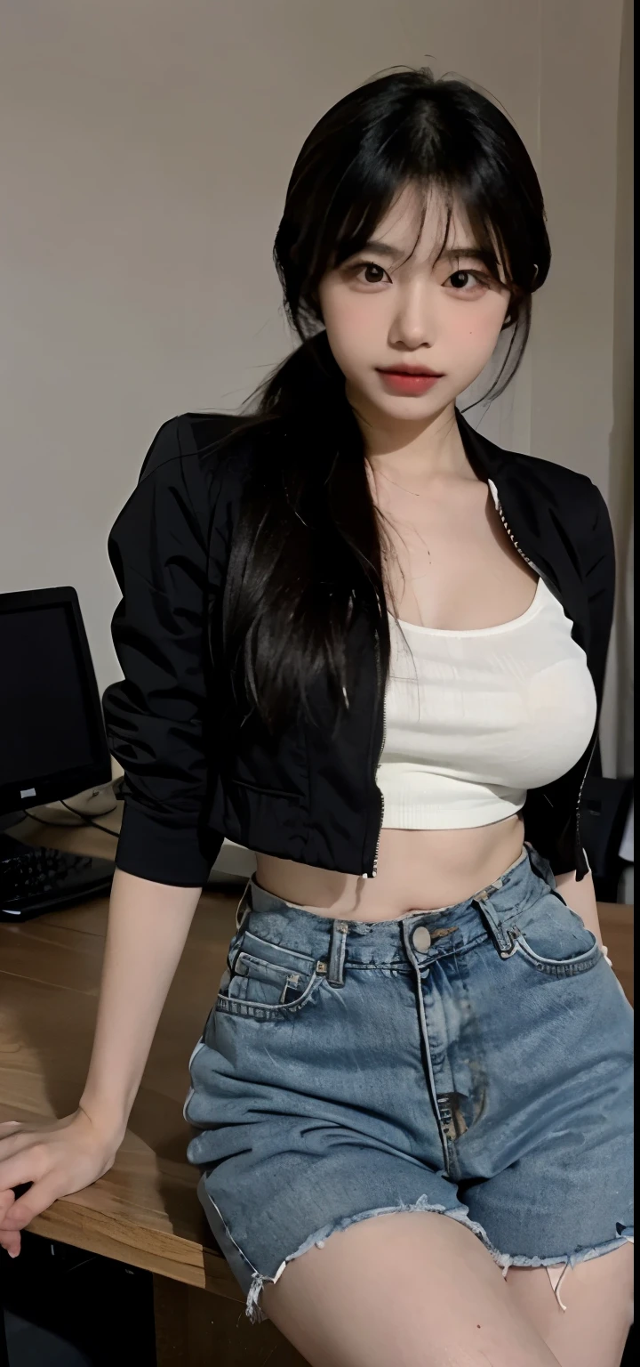 (masterpiece, best quality), beautiful woman, printed cropped turtleneck shirt, jacket, jeans, wavy hair, asymmetrical bangs, waving at the viewer, perfect face, beautiful face, alluring, big gorgeous eyes, soft smile, perfect slim fit body, city streets, (outdoor), seoul, bright colors
