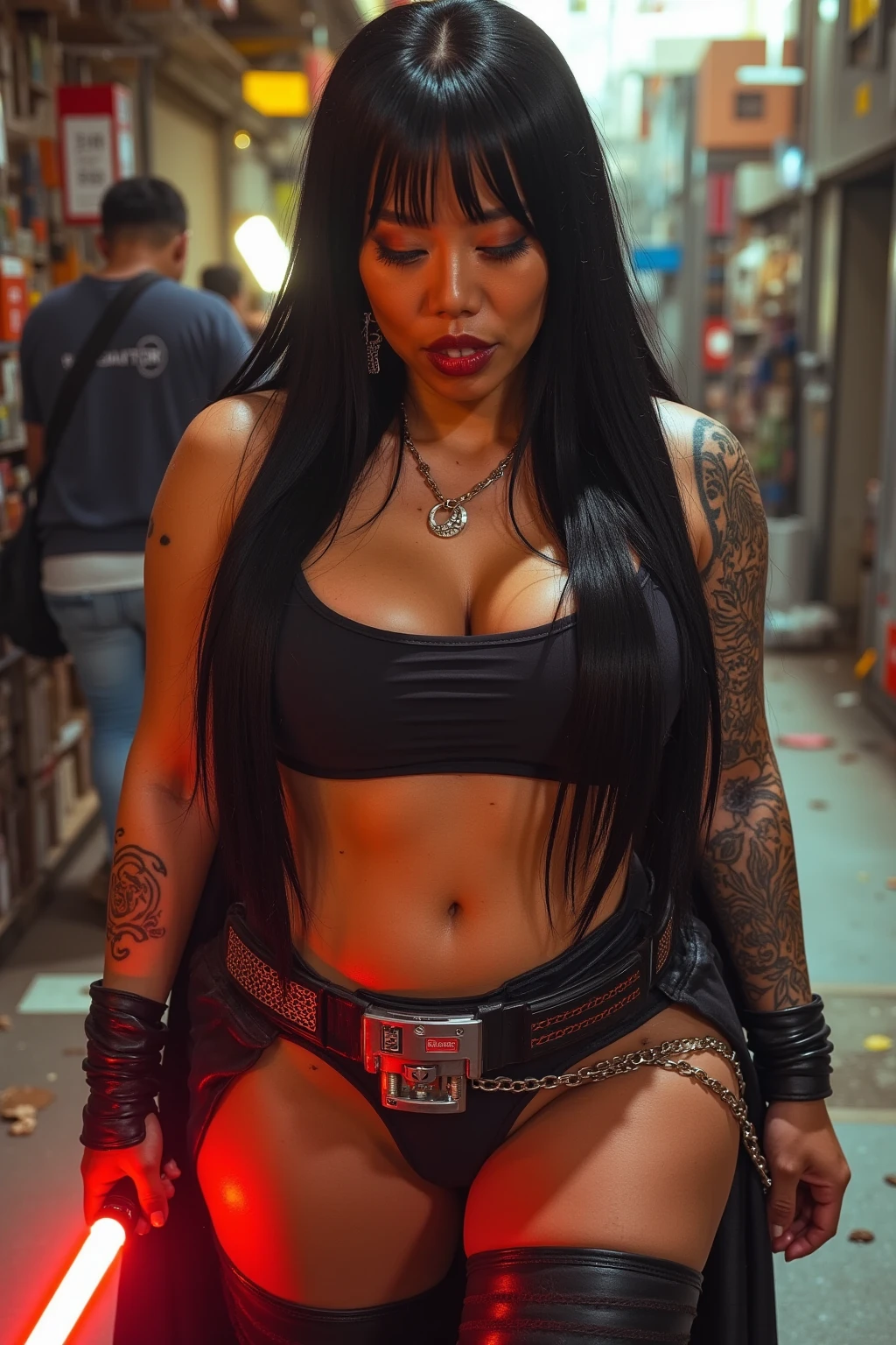 Dictator, tattoo of a large dragon, tattoos all over the body, snake-like suit, American football helmet, face guard, pin heels, background is a neon sign, mask, long nails,