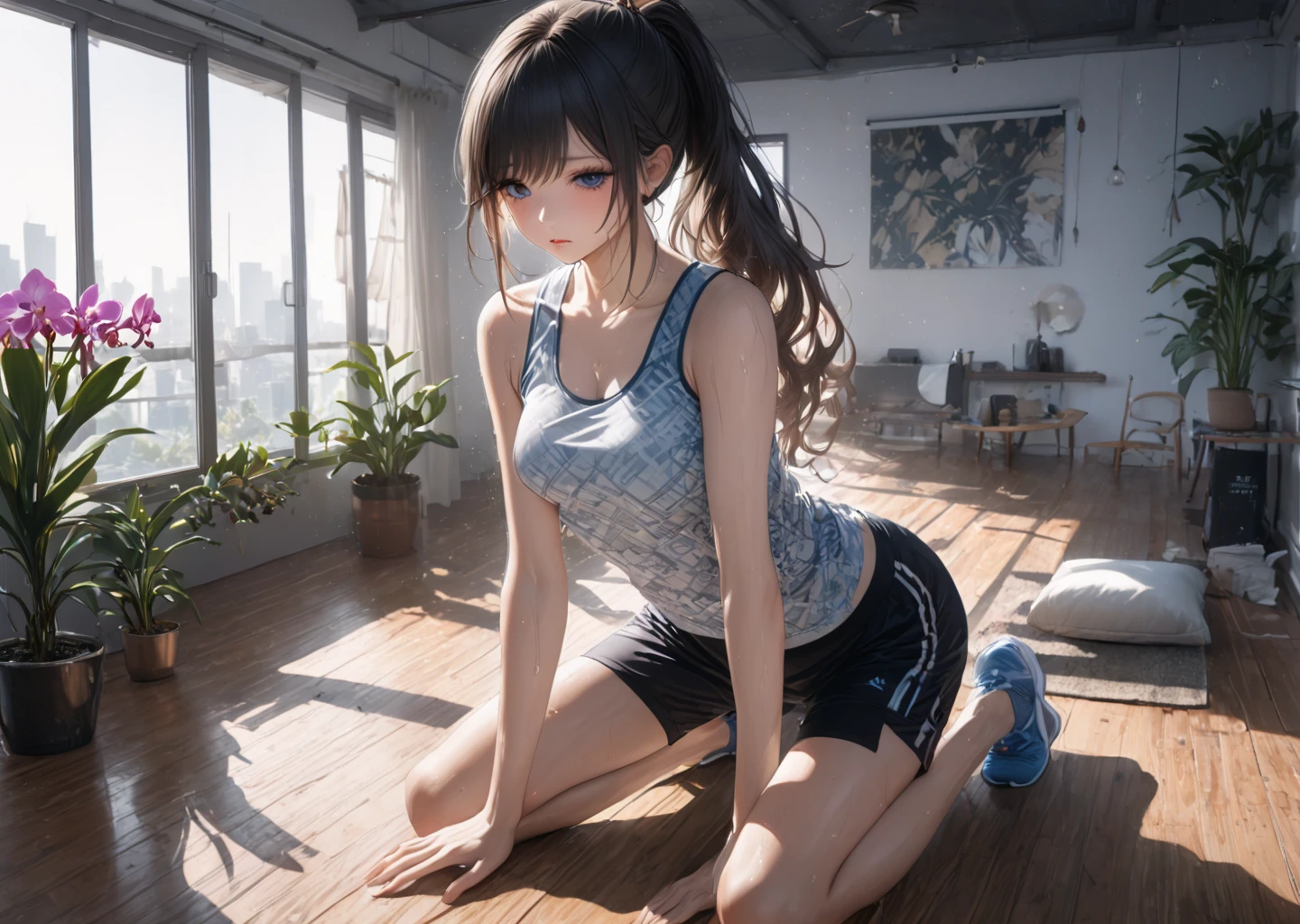 Create a high-quality, detailed image of a beautiful, anime cat gamer girl with tattoos and long hair, beautiful eyes, sitting at her gaming PC in her gaming room. She is wearing a tank top, and sleep shorts, showing her midriff, highlighting her stunning curves. The warm, inviting scene includes soft ambient lighting, comfortable seating, The setting is illuminated by a small lamp, creating a serene and intimate atmosphere