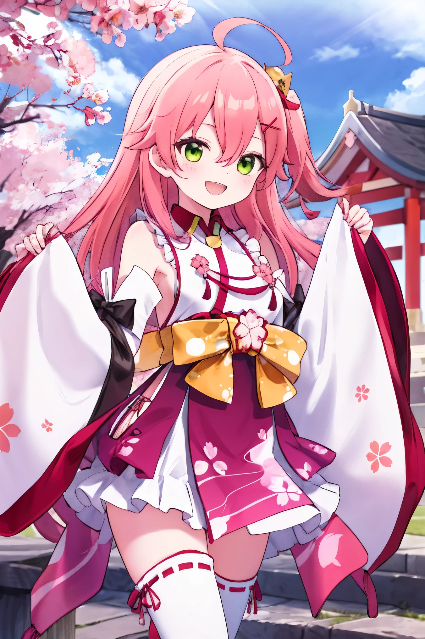 masterpiece, best quality, highres, miko1, sakura_miko, 1girl, big_, solo, ahoge, x_hair_ornament, light_red_hair, floral print, hairclip,(side_less_clothes:1.5), (side_:1.5), hair_bell, floral print, long_hair, hair between eyes, one side up, white thighhighs, asymmetrical legwear, wide sleeves, open_mouth,(happy:1.3),green_eyes,big_smile,(XD:1.5),plump,half_eyes,(overly_long_sleeves:1.3),),sleeves_past_wrists,hands_hidden_sleeves,sidelock_clothes,solo,hidden_wrists,(XD:1.4),covered_nipples,sunlight,cherryblossom_temple_landscape_background,rise_arms, trying_to_hug
