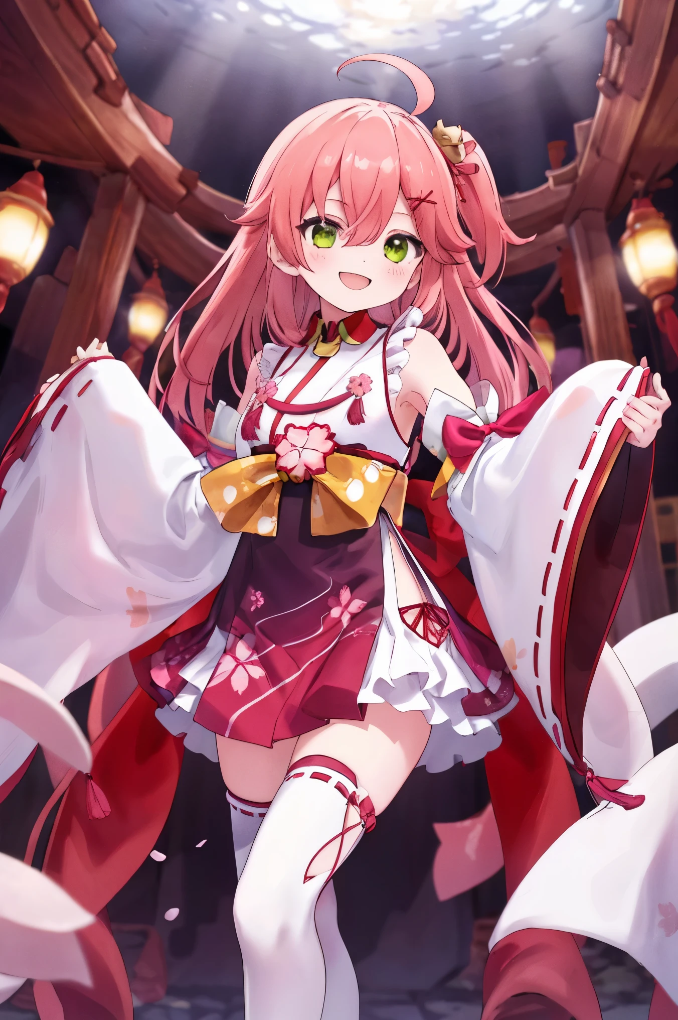 masterpiece, best quality, highres, miko1, sakura_miko, 1girl, big_, solo, ahoge, x_hair_ornament, light_red_hair, floral print, hairclip,(side_less_clothes:1.5), (side_:1.5), hair_bell, floral print, long_hair, hair between eyes, one side up, white thighhighs, asymmetrical legwear, wide sleeves, open_mouth,(happy:1.3),green_eyes,big_smile,(XD:1.5),plump,half_eyes,(overly_long_sleeves:1.3),),sleeves_past_wrists,hands_hidden_sleeves,sidelock_clothes,solo,hidden_wrists,(XD:1.4),covered_nipples,sunlight,cherryblossom_temple_landscape_background,rise_arms, trying_to_hug