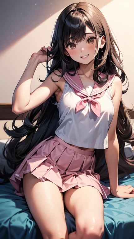 最高画質,1girl, solo, looking at viewer, blush, smile, open mouth, shirt, thighs, school uniform,shorts, hairclip, indoors, clothes lift, arm up, short  skirt, shirt lift, pink panties, lifted by self,underboob, school,