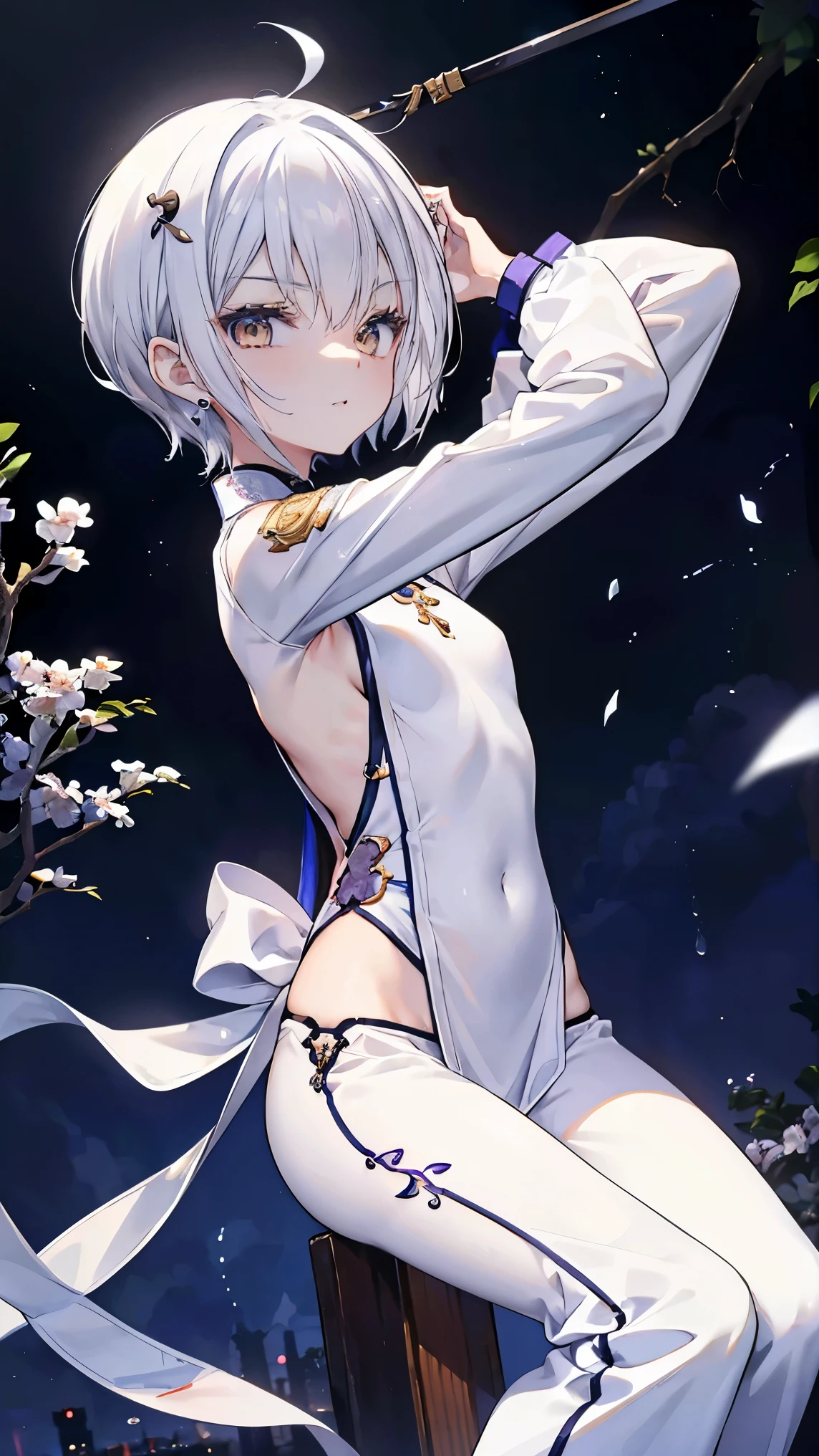masterpiece, best quality,
1girl, (colorful), (finely detailed beautiful eyes and detailed face), cinematic lighting, ((young, petite, flat chest, tiny chest)), ((())), extremely detailed CG unity 8k wallpaper, white hair, red eyes, solo, smug smile, viewed from front, sitting, low angle view, sitting seductively, holding ruler over midriff, ((metallic golden bodypaint, bodypaint covering body)), ((licking fingers)), ((flying petal)), (Flowery meadow)
sky, cloudy_sky, building, moonlight, moon, night, (dark theme:1.3), light, fantasy,