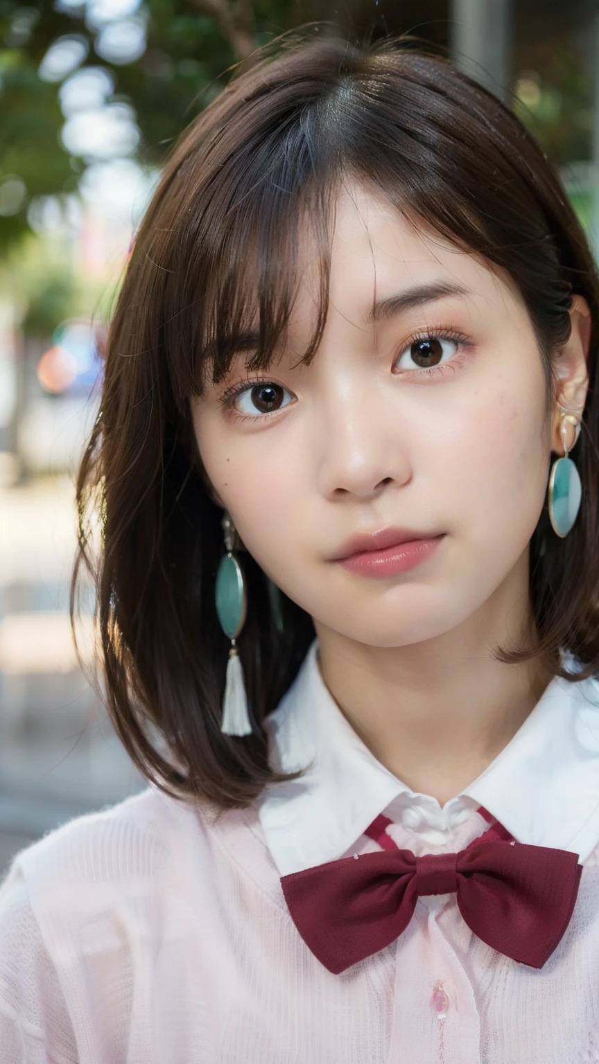 Ayase Momo, 1 girl,  jewelry, solo, earrings, brown hair,
Overlapping Bangs Between Eyes, short hair, black choker, Tai Eyebrows,big breasts,brown eyes, 
school uniform, pleated skirt, collar shirt, Classroom,
(((pink knit over y-shirt))),((bow tie)),((HIGH SCHOOL GIRLS)),
((masterpiece:1.5)), shining eyes、Soft cheeks, baby face、Small chin、Fair skin、 Pinkish skin、
大きな翡翠色の丸いearrings,ターコイズカラーの大きなearrings,
 strong face 、 Raised Eyebrows ,grins,shows his teeth and laughs,smiles,

１women in hair,The eyes are impressive ,face close-up,Glossy skin and lips , clear skin ,
drawn with attractive posture and expression,Modest nose、Unobtrusive nostrils、 Smooth bridge of the nose 、

cinematic lighting,dramatic composition,melancholic atmosphere,a woman with sorrowful eyes,
deepin contemplation,soft and moody lighting,chiaroscuro effect,rich contrast,
muted colorpalette,gentle glow on her face,delicate shadows emphasizing emotion,
a moment frozenin time,intricate details,painterly texture,blurred background with soft bokeh,

1woman in frame,girl look beautiful&pretty,beautiful,beauty girl,
sparkling eyes light reflections,
beauty skin,shiny skin,
subtle nose,inconspicuous nostrils,smooth nose bridge,

Flat illustrations with few shadows fall while being in the style,
Toon shading and rendering with little depth,

beautiful light/dark border,impressive shadows falling on the face,
to reduce saturation However, the２lighting above color,
emphasizes the light reflected around the eyes, making a mysterious and attractive impression,
Particles of light spread vaguely and soft highlights spread all over the screen,
The background softly blurs with a beautiful bokeh effect,background light, which is related to vivid complementary colors, appears as a round blur,
set the camera's focal length longer,Shallow depth of field,
focus on foreground,sharp in the focused area,

natural pose,maintains anatomically accurate body structure,
body parts are unnaturally distorted,no deformity occurring,

characters are blurry and unintelligible,characters are blurred with soft focus,

masterpiece,best quality,ultra quality,high-quality,professional quality,
extremely detailed,ultra detailed,highly detailed,finely detailed,intricate,
exquisite,elaborate,beautiful,high resolution,rich contrast,crisp quality,
8K,HD,Minimize shadows on face,focus on face,
with clean and even lighting for a polished look,
Use a reflector to cast soft indirect light on subject for a gentle glow,