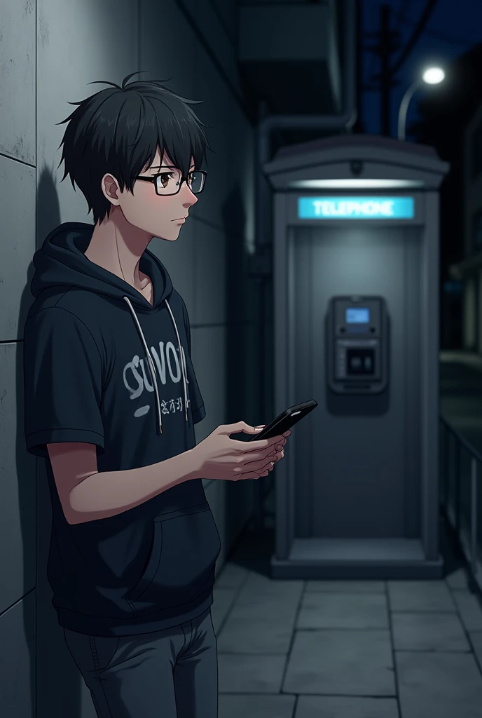 A man wearing glasses, black hair wearing a hood but short sleeves, a shirt with Japanese lettering, gray pants, standing with a mobile phone, leaning , asking for a backdrop as a corridor with an old telephone booth at night, ask for an anime picture.