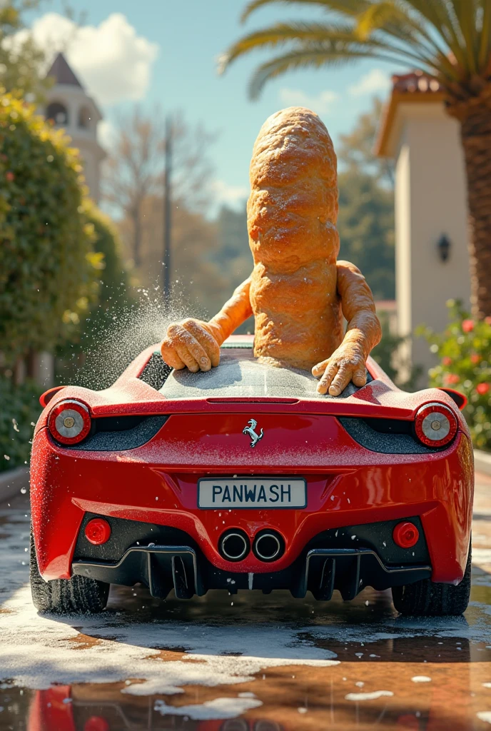 A baguette washing a Ferrari and that on the license plate of the car says panwash and make it epic