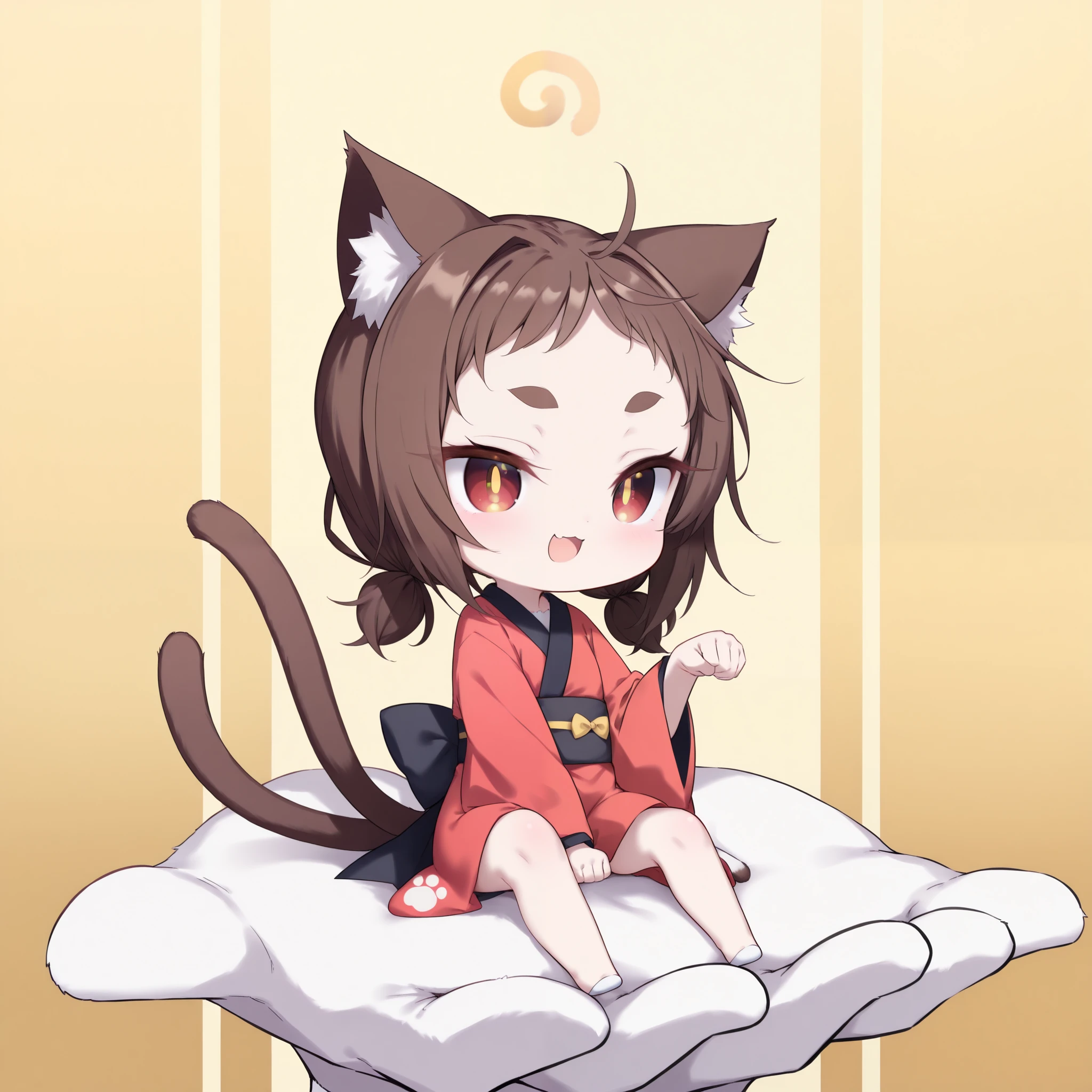 score_9, score_8_up, score_7_up, big hand background, (solo, 1girl, nekomata, red eyes, dark brown hair, low twintails, short twintails, very short bangs, cat ears, white fur inside cat ears), (((chibi, , thin, petite, short body, chibi sitting on hands))), (red kimono), cat pose, ((two cat tails:1.2)), cute face, big eyes, cat eyes, eyelashes, lower eyelashes, (((gold pupils))), short and thick eyebrows, blash, smug smile, open mouth
