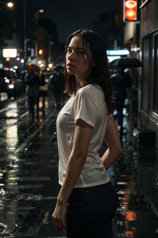 1 girl,Full body,extremely detailed face, lovely, detailled eyes,light on the face,cinematic lighting,Viewers look at,outside,Heavy rain,soaking wet ginger hair,dripping wet hair,soaking wet clothes,