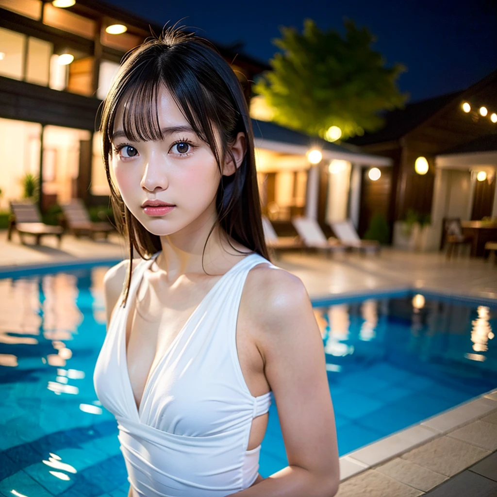 high resolution、High resolution、Night Pool、Young Japanese woman、Swimwear、Back view、profile、highest quality