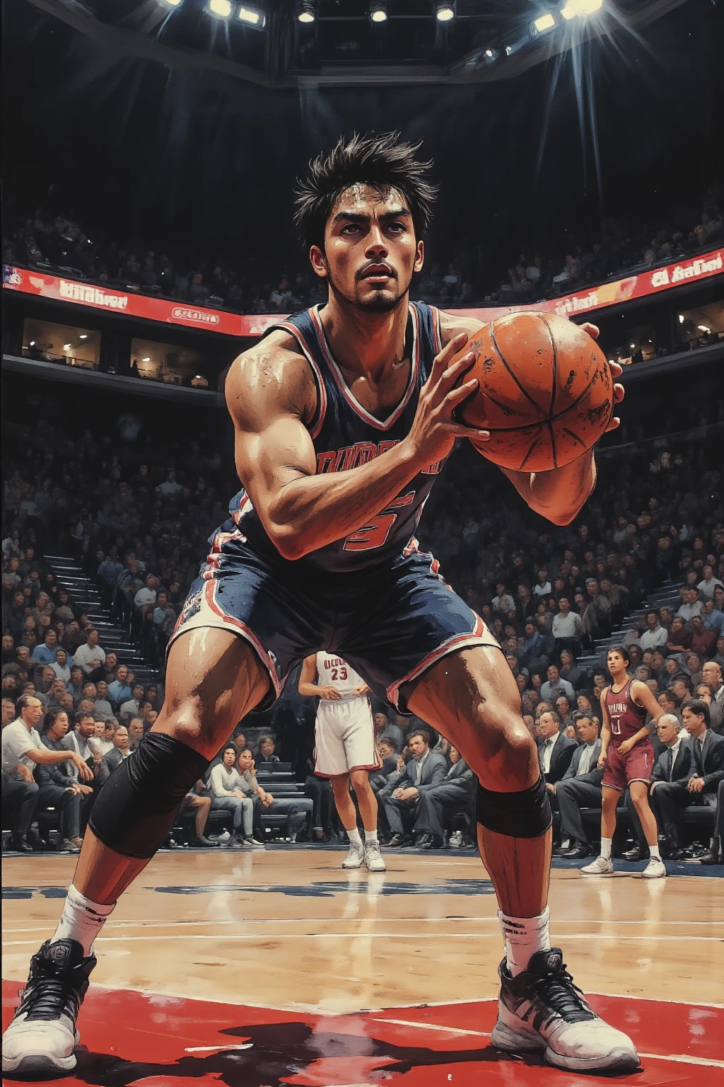 ((best quality))、(super high image quality)、(Super Detail)、(detailed description)、(Best CG ))、(masterpiece)、ArsMJStyle、(Zen ink wash painting)、slam dunk_Mitsui Hisashi、Mitsui Hisashi's 3P shot、(SPARK exciting three-point shot、angle from directly below)、when you give up the game ends there、realistic expression、age up 、 cowboy show 