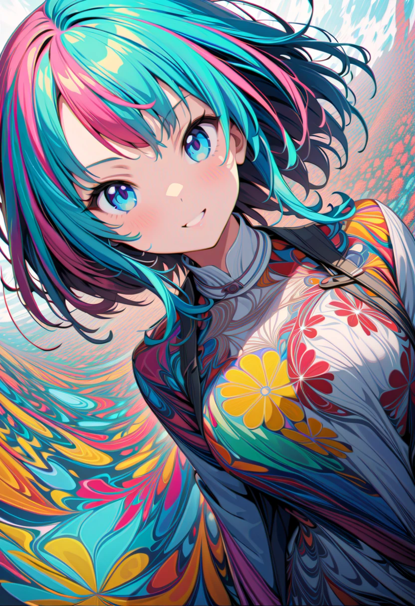 wallpaper, masterpiece,best quality, 1girl, embarassed, blushing, intimate, perfect face, expressive eyes, intricate details, happy, emotions, soul, feelings,naughty, mischevious, fun expression, funnny face, BREAK expressive, colorful, fun ,funny, happy, happyness, abstract background, cosomos,cosmic, expressive colors, jacket, in love, love, BREAK
