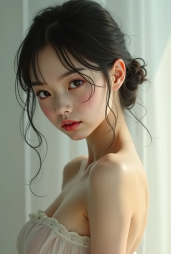 white skin woman, korean traits, with big tits, covering her tits with her arm
