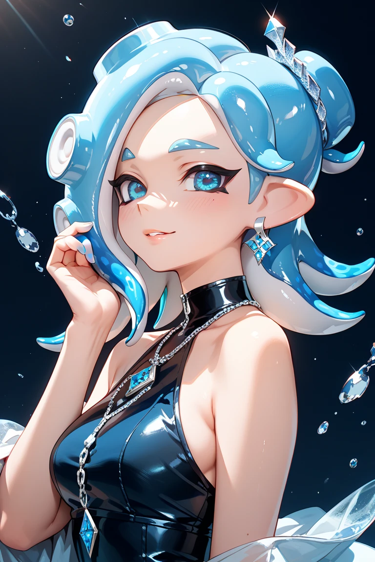 Gorgeous girl, blue hair, smiling, looking in a crystal ball, small blue fish visible floating in the crystal ball, dark room, reflecting light from crystal ball, perfect features