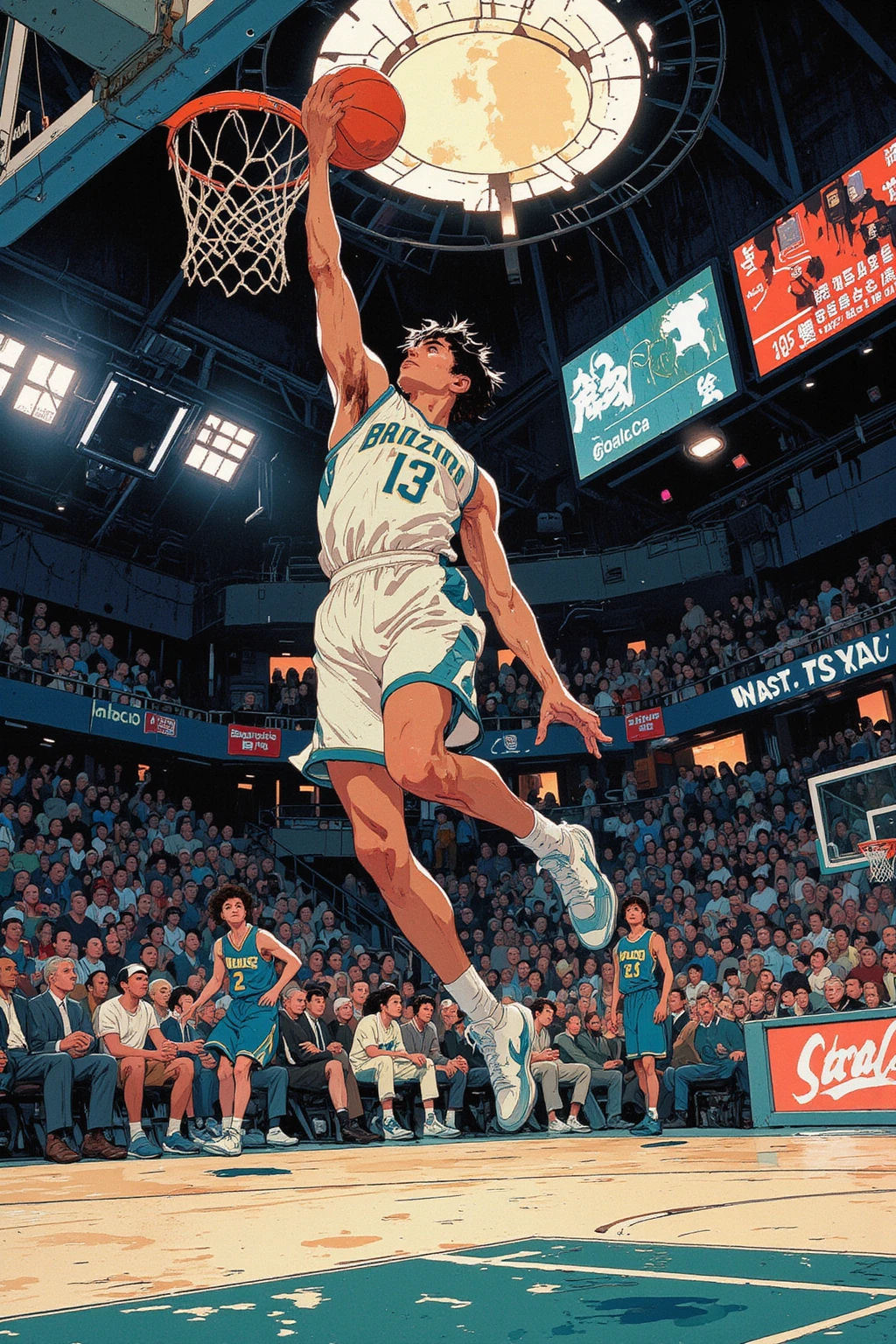 ((best quality))、(super high image quality)、(Super Detail)、(detailed description)、(Best CG ))、(masterpiece)、ArsMJStyle、(Zen ink wash painting)、slam dunk_Mitsui Hisashi、Mitsui Hisashi's 3P shot、(SPARK exciting three-point shot、angle from directly below)、when you give up the game ends there、realistic expression、age up 、 cowboy show 