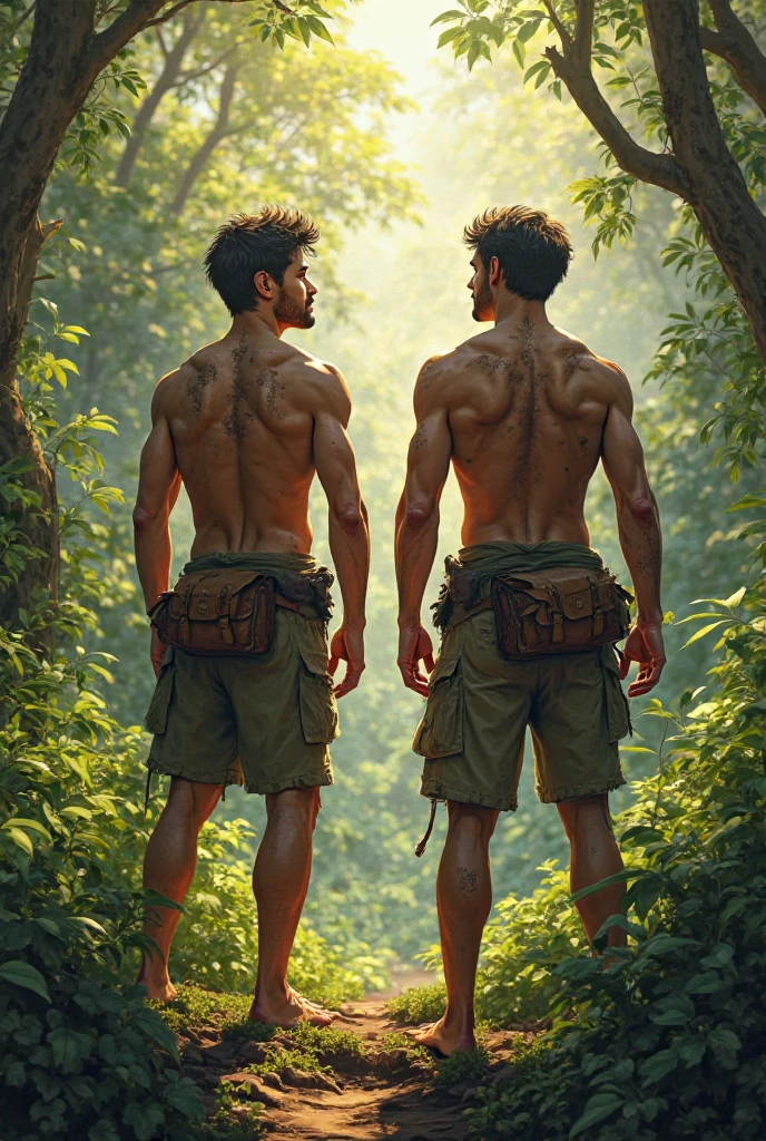 2 chicos hermosos, sin Camisa, cuerpo definido, colores vibrantes, Novios , in a deep forest of vegetation caressing their defined torsos