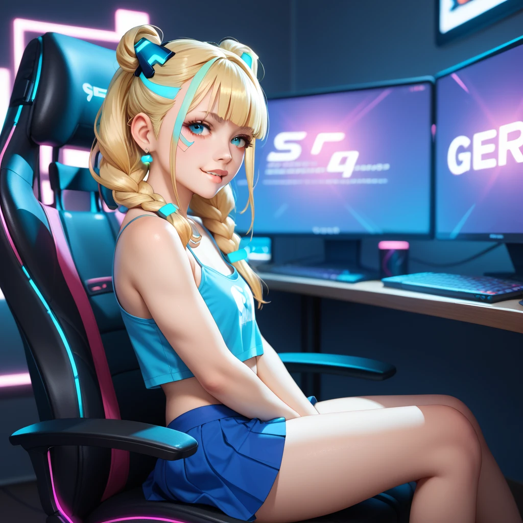 Twitch gamer girl (open legs, cute geek, a little belly, slutty outfit, cat ear headset, lewd flirting, expensive gaming chair) video controller nearby, turned to face viewer