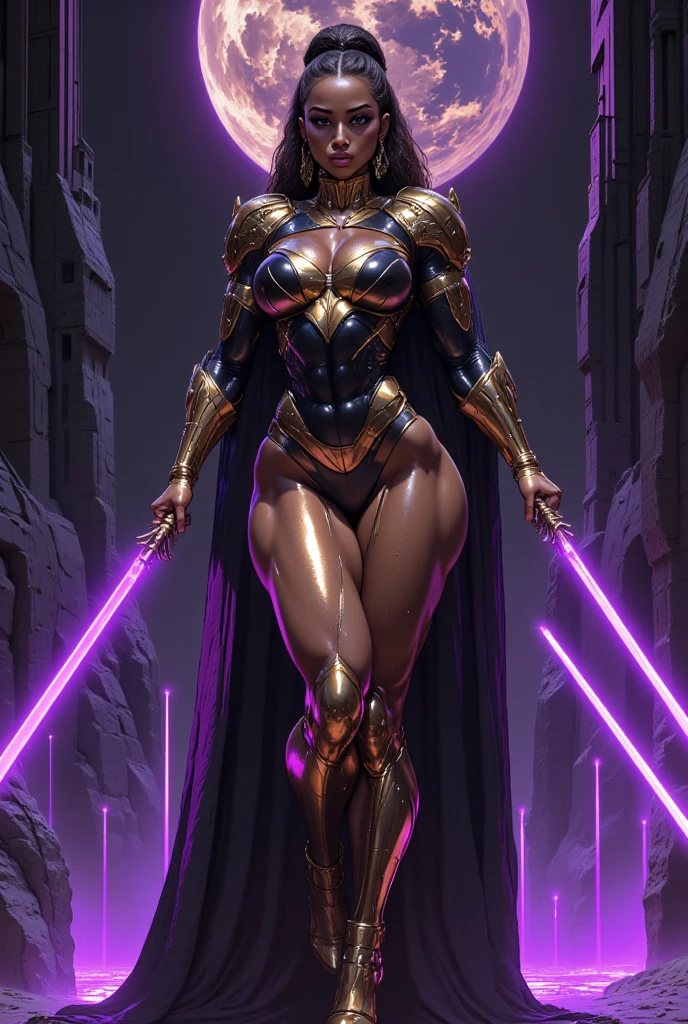 1. Stunning, curvaceous woman, embodying a fusion of Kim Kardashian and Megan Thee Stallion as Vixen from DC Comics, adorned in an armor suit inspired by Artemis and Aphrodite. Her skin complexion glows with an otherworldly radiance. The armor suit, adorned with bold leggings and gloves, accentuates her impossibly small waist, boasting an abs waistline that is almost unbelievable. The circumference of her lower extremities far exceeds 100 inches, with massively immense hip measurements and the world's largest, massive buttocks. This bottom-heavy,