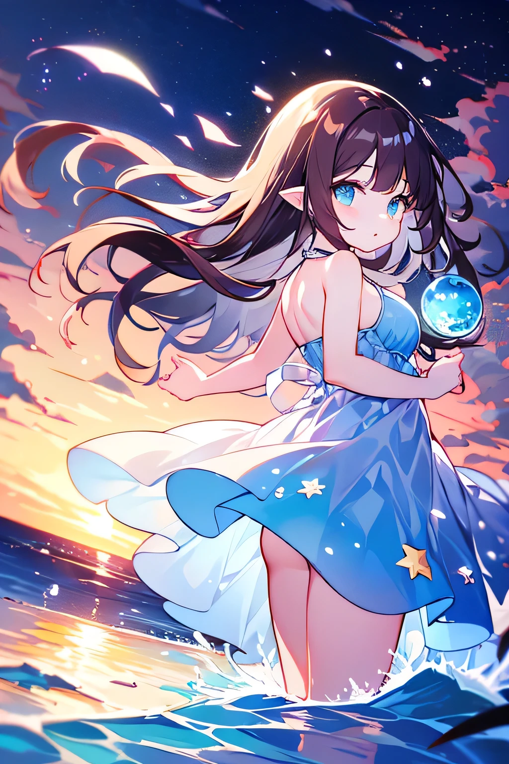 Masterpiece , girl with long dark brown hair, turquoise blue eyes, ears in the shape of fish fins, short dress blown by the wind light blue color, sea pearls in the hair, dress with several layers of transparent fabric type of dress: sun dress short cantilever party decorated with starfish, seashells and seaweed, hair in the shape of a sea tide, Big breasts, tips of the dress in the shape of sea waves🌊, tips of hair shaped like sea waves like water🌊, holding a floating water ball in their hands, tips of long hair shaped like water, with your back to the camera, hair made of water