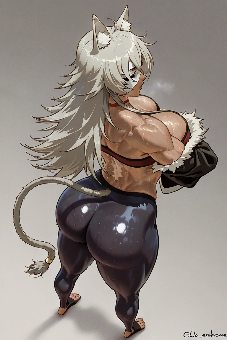 1girl, highres, sharp focus, pixiv masterpiece, ((intricate details)), highly detailed, one eye, detailed eyes, brown skin, tanned skin, gray hair, silver hair, cat ears, muscular, costume: sportswear, yoga pants, sports bra, underboob, joy ride style, ilya kuvshinov,Anime Moe Artstyle, Female anime character, Anime character,