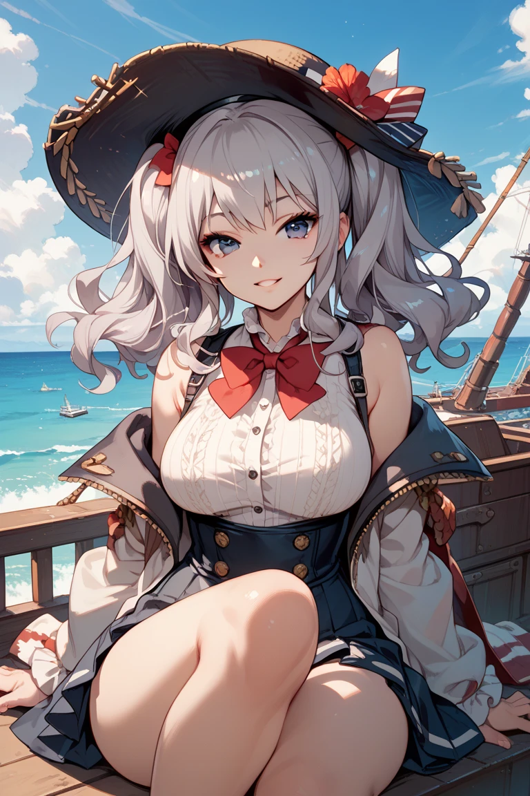 A white haired wolf woman with green eyes and white wolf ears and a white wolf tail in a pirate's outfit is smiling while leaning forward with a smiling on a pirate ship
