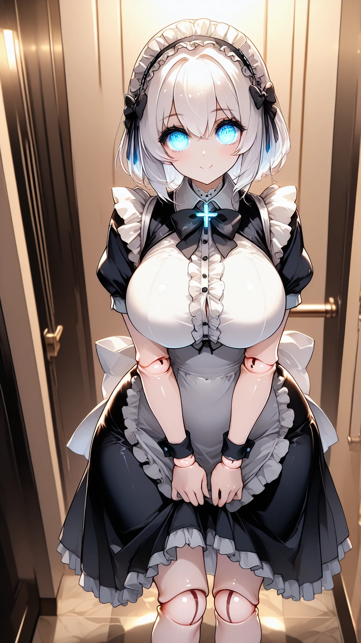 1girl,terroral,naked bandage, bandage,large breasts, 
detached sleeves, sleeves past fingers,white sleeves, full body, 
 standing,indoors,bedroom,cross